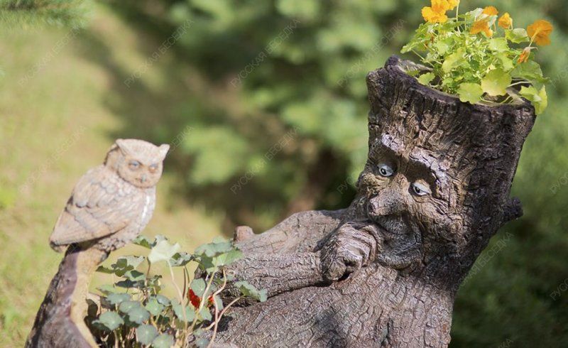 Садовая фигура Пень с совой (цветник два кашпо)